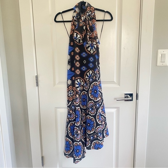 By Anthropologie Silk Halter Blue Motif Midi Dress - Picture 4 of 7